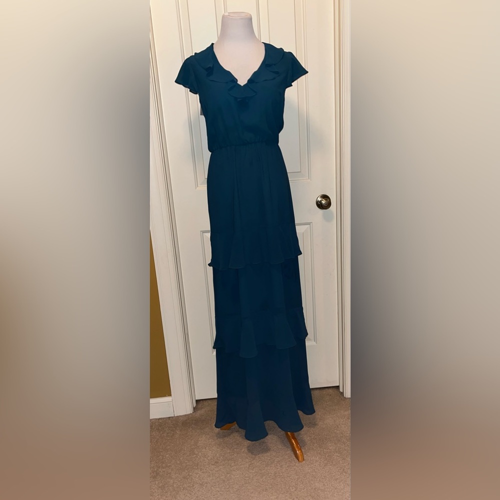 New WAYF Evening Dress Teal Green Size Small Tiered Dress Elastic Waist Prom